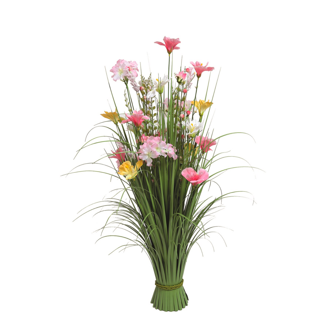 Image of a free standing flower arrangement, there is a combination of pink, yellow and white flowers in a bundle