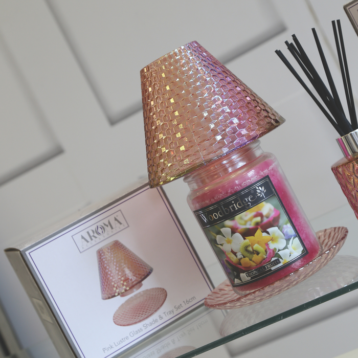 Aroma Pink Lustre Glass Candle Shade & Tray Set