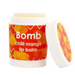 Lip balm container labeled "Bomb" featuring a playful design with mango's on a orange background, with the text "chilli mango lip balm" displayed prominently on the front. The cap is slightly open, revealing the balm inside.