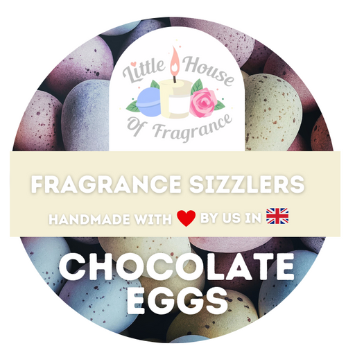 Round graphic featuring a variety of pastel-colored speckled eggs with text: "Little House Of Fragrance," "Fragrance Sizzlers," "Handmade with love by us in the UK," "Chocolate Eggs.