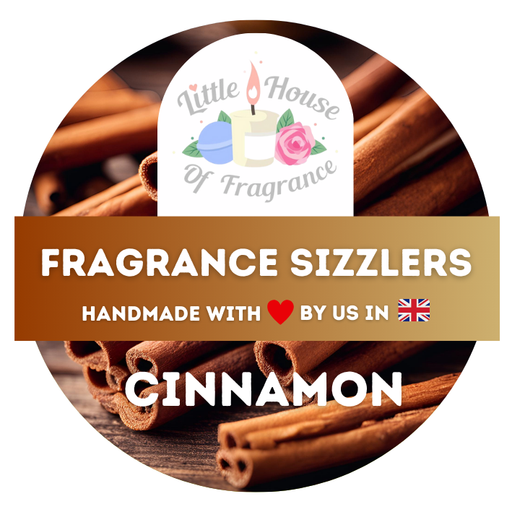 "Label for 'Fragrance Sizzlers' cinnamon scent, highlighting handmade quality with a UK flag, surrounded by cinnamon sticks."