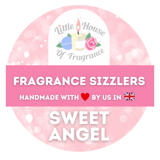 Label for " Little House of Fragrance Sweet Angel" fragrance sizzlers, handmade in the UK, with a candle and rose logo on a pale pink sparkly background.